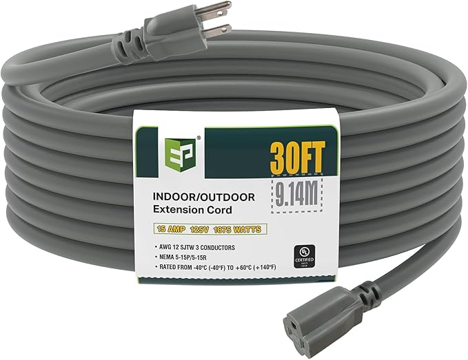 EP 30 Ft Outdoor Extension Cord, 12/3 SJTW Heavy Duty Extension Cable with 3 Prong Grounded Plug, 15 AMP Power Cord for Lawn, Garden, Appliances, Gray