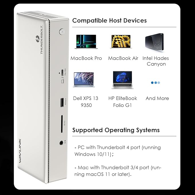 WAVLINK Thunderbolt 4 Dock with 100W Charging, Displaylink Docking Station Quad 4K@60Hz Monitor,3 Thunderbolt 4 Ports, 2.5G Ethernet, Thunderbolt Dock for Mac M1-M4 and PC,Displaylink Driver Required
