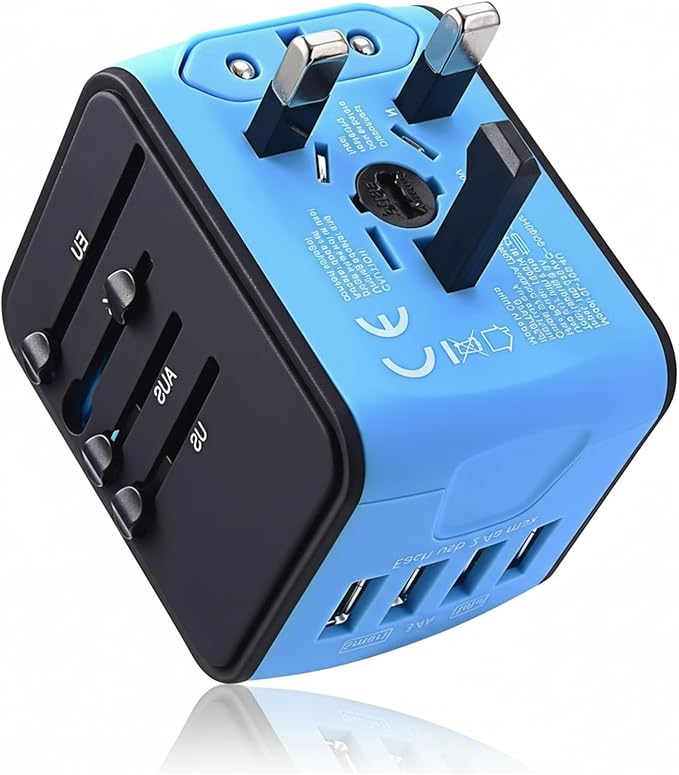 International Travel Adapter Universal Power Adapter Worldwide All in One 4 USB-A Ports Perfect for European US, EU, UK, AU 200+ Countries (Blue)