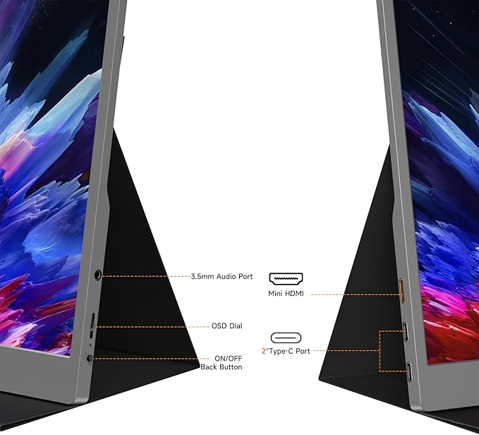 qaf 15.6 Inch Portable Monitor, FHD 1080P USB-C HDMI External Display, 100% sRGB HDR IPS Ultra-Thin Travel Second Screen for Laptop Mac Phone PS5 Xbox Switch, with Smart Cover & Speakers (Space Grey)