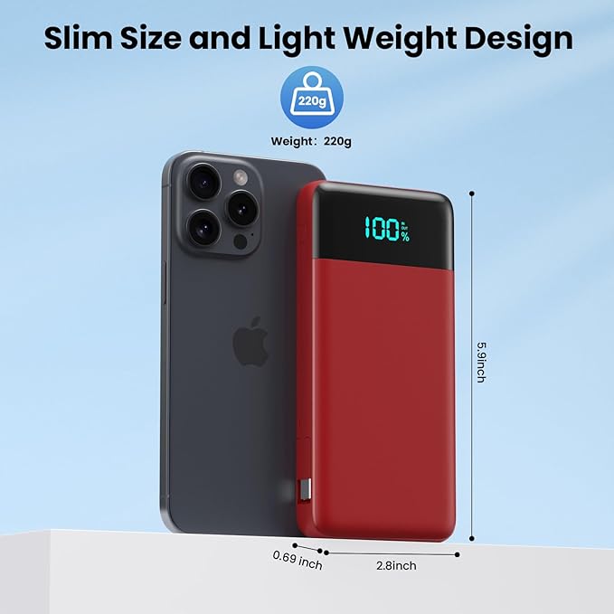 Portable Charger for iPhone with Built in Cables and Wall Plug,Upgraded 13800mAh Fast Charging USB C Power Bank,4 Outputs Travel Essential Battery Pack Compatible with iPhone 15/14/13/12,-Red