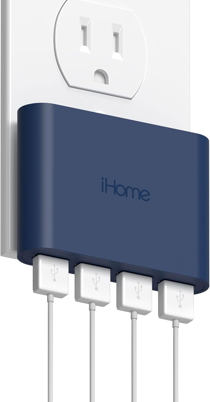 iHome Slim 4-Port USB Wall Charger, AC Pro Multiport Plug Adapter, Phone Charging Block with 4 Ports, Flat USB Wall Adapter for Home & Travel
