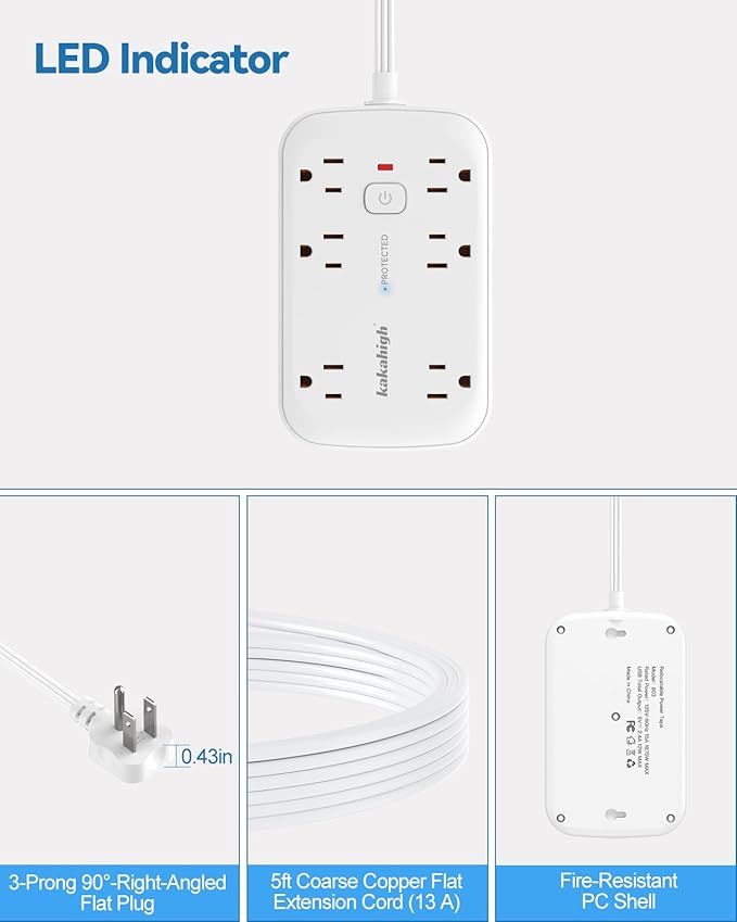Flat Extension Cord with Outlet Cover & Multi USB- 5 FT, 1625W 3 Prong Extension Cord with 12AC Outlet 6 USB (24W/4.8A), Multi Ports Charging Station for Behind Wall Furniture Couch Sofa TV