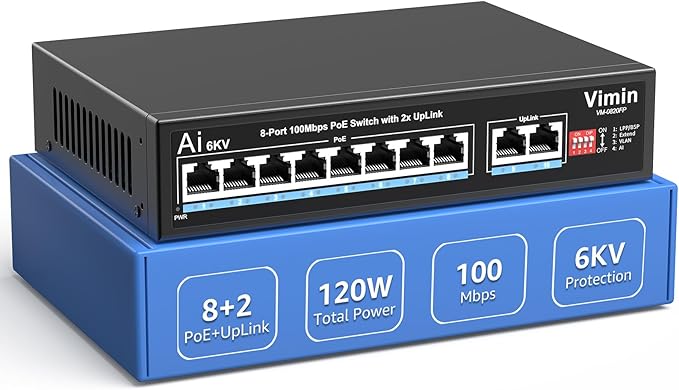 VIMIN 10-Port PoE Fast Ethernet Switch - 8 Port Unmanaged 10/100Mbps Network Switch with 2 Uplink, VLAN, Extend 250m, Support IEEE802.3af/at, 120W PoE Power, Plug & Play