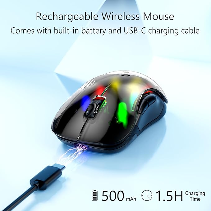 memzuoix 2.4G LED Wireless Mouse, Rechargeable Ergonomic Mouse with Detachable Cover, 1200 DPI Portable Optical Computer Mouse with USB Receiver for Laptop, PC, Desktop and MacBook, 5 Buttons-Black