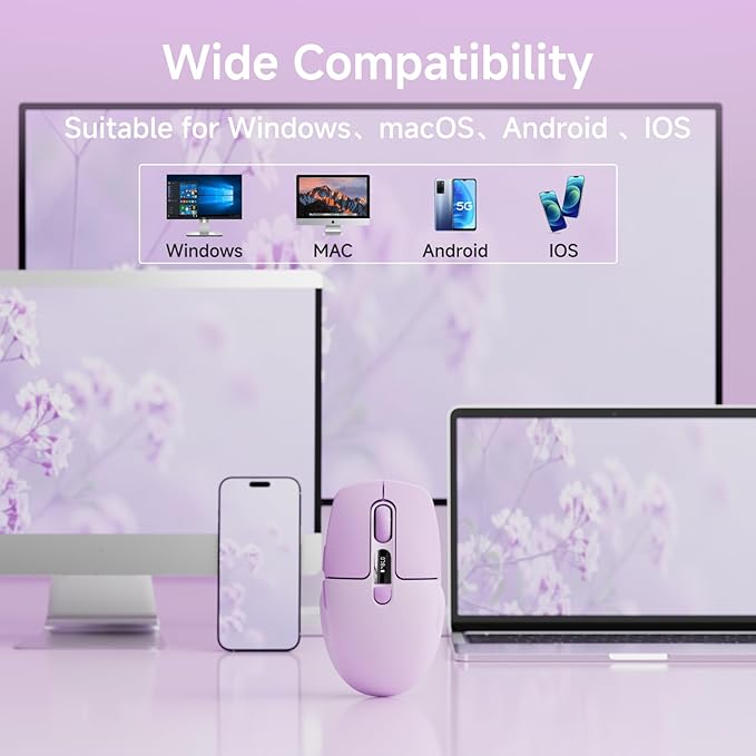 EWEADN Q1 Wireless Mouse, Bluetooth & 2.4G Silent Mouse Quiet Click with 3 DPI Levels, Battery & DPI Smart Display, 6 Button Small Portable Cordless Mice for Laptop/PC/Mac-Purple