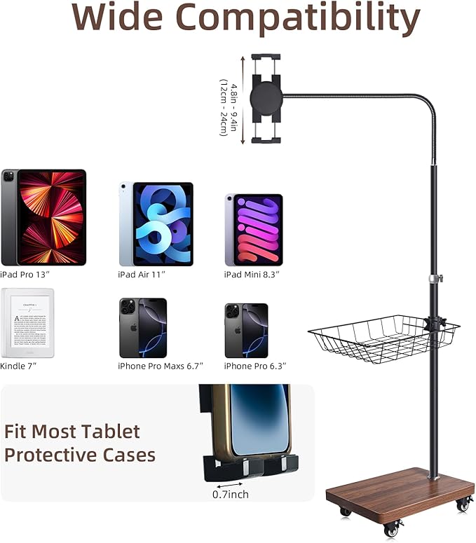 Adjustable Floor Tablet Stand with Rolling Base, Flexible Gooseneck Mount, Wood Platform, Mobile Device Holder for Indoor Use