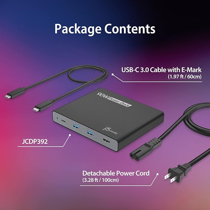 j5create USB-C Travel Hub with PD 65W Power Supply - for Travel or Business Trip - Charging Adapter Hub with 4K HDMI, USB-A x 2 - for MacBook Air/Pro 13, Surface Pro, and USB-C Laptop (JCDP392)