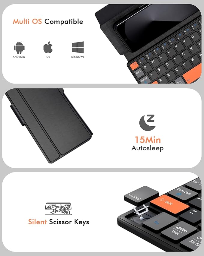 Doohoeek Universal Bluetooth Mini Keyboard, Wireless Compact Keyboard with Orange Navigation Keys & Any-Angle Stand for Android/iOS/Windows, Dual-Device Keypad for Phones/Galaxy Z Fold/iPad mini