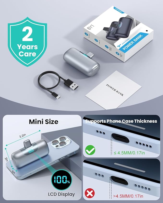 Mini Portable Charger for iPhone,Upgraded 22.5W PD Fast Charging 5500mAh Ultra-Compact Power Bank,LCD Display Plug-in Cute Battery Pack Travel Essentials for iPhone 14/14Pro/13/12/11/X/8/7/6 (Silver)