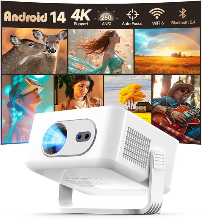 2025 Android 14 Smart Projector 4K & 8K Support, Portable Projector with WiFi 6 and Bluetooth 5.4, Auto Focus & Vertical Keystone, 180°Rotatable, Mini Proyector for Outdoor Home HY300Max