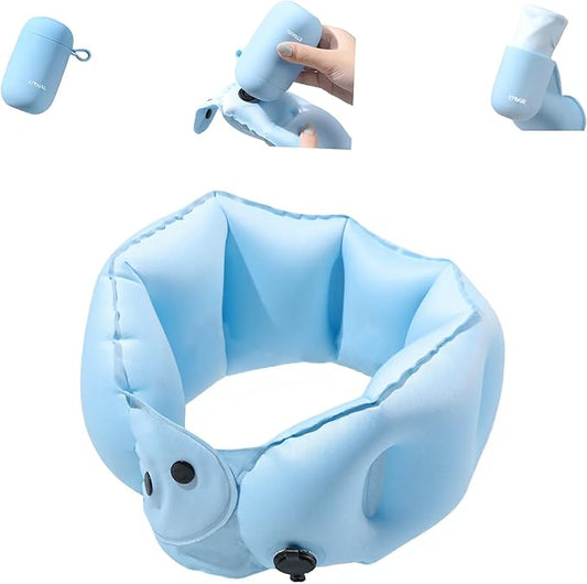 Inflatable Neck Pillow，Travel Pillow，Silicone Storage Pouch Integrates Inflation and Storage Features，Portable and Washable，Airplane Travel Essentials，Vacation Essentials，Road Trip Essentials