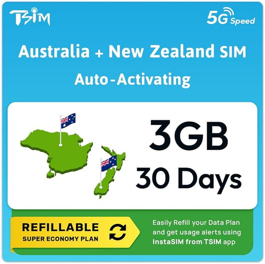 Australia New Zealand SIM Card | 3GB Super Economy Refillable Plan! Auto Activating 30 Day Validity | 5G Speed + Hotspot | Data-Only No Phone Number