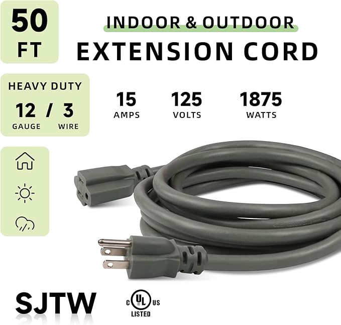 EP 50 Ft Outdoor Extension Cord, 12/3 SJTW Heavy Duty Extension Cable with 3 Prong Grounded Plug, 15 AMP Power Cord for Lawn, Garden, Appliances, Gray