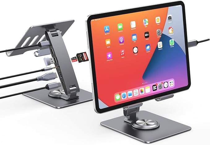 Adjustable Tablet Stand with USBC Hub 7-in-1, Aluminum Tablet Holder with Docking Station, 360° Swivel Base, 4K HDMI, 100W PD Charging, USB 3.0, SD/TF Reader, 3.5mm Audio, for iPad with USB-C Port