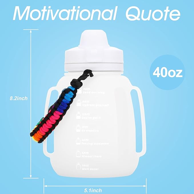 TakeToday Motivational Collapsible Water Bottle with Straw and Paracord Handle 1.2L 40 OZ Reusable Silicone Sports Water Jug with Time Marker Leakproof Large Water Bottles for Yoga Outdoors