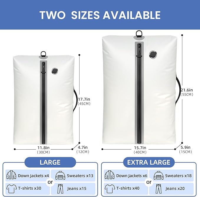 BAGAIL TPU Vacuum Bag for Travel, Reusable Compression Bag with IPX8 Waterproof Zipper, Save Space for Suitcase, Backpack and Carry on (White, Large, With Pump)