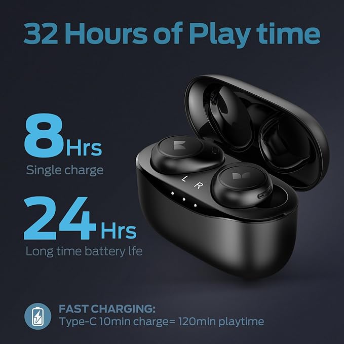 Monster Achieve 300 AirLinks Wireless Earbuds, Bluetooth 5.3 in-Ear Headphones, Touch Control, Built-in Microphone, USB-C Fast Charging, 32H Playtime, Black