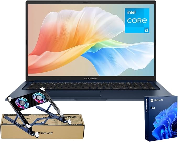 ASUS Vivobook Business Laptop, 17.3'' FHD Display, Intel Core i3-1215U, 20GB RAM, 2TB SSD, Touchpad, HDMI, Webcam, Wi-Fi, Windows 11 Pro, Blue, Bundle with PCO Notebook Folding Radiator, Laptop Cooler