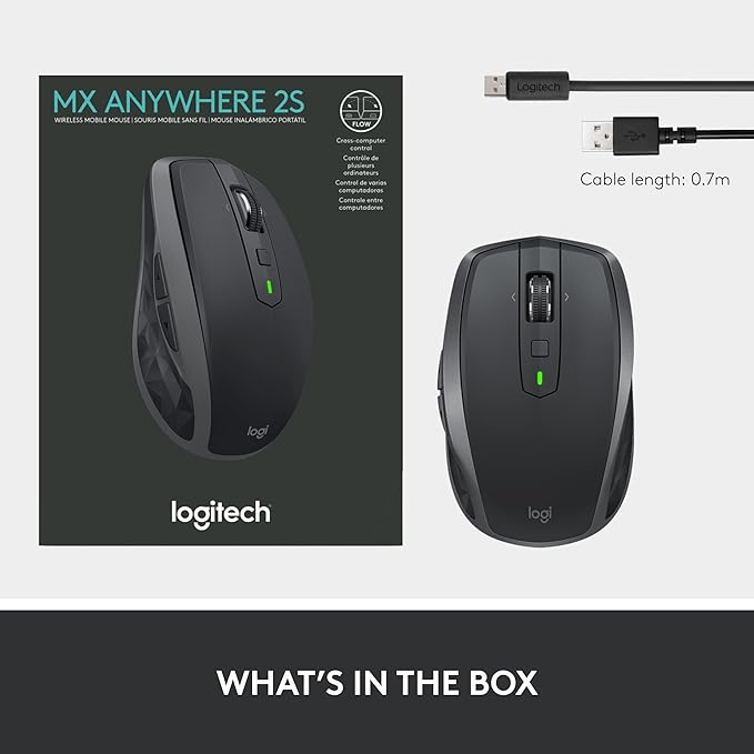 Logitech MX Anywhere 2S Bluetooth Edition Compact Wireless Mouse, No USB Receiver - Use On Any Surface, Hyper-Fast Scrolling, Rechargeable, Control Up to 3 Apple Mac and Windows Computers and Laptops