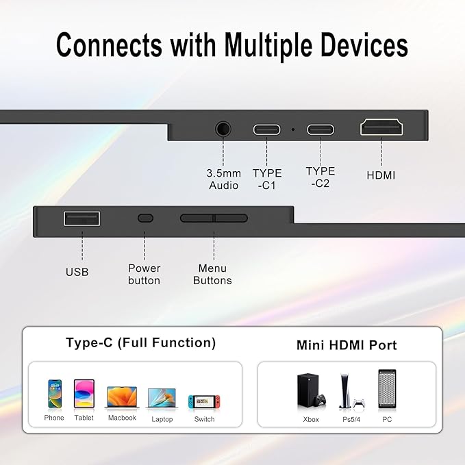 2.5K Portable Monitor 15.6inch UHD 2560 * 1680 for Laptop, 100% sRGB 500nits HDR IPS External Display w/Smart Cover & VESA Mount, USB-C HDMI Travel Second Screen for PC Mac Phone Xbox PS5