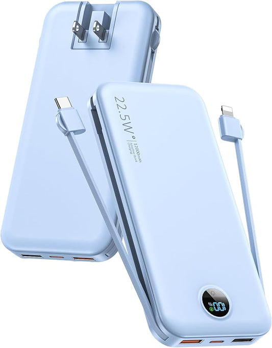 Portable Charger with Built-in Cables and Wall Plug, 12000mAh 22.5W USB C Power Bank Fast Charging with LED Display, External Battery Pack Travel Essentials Compatible with iPhone, iPad, Samsung Blue