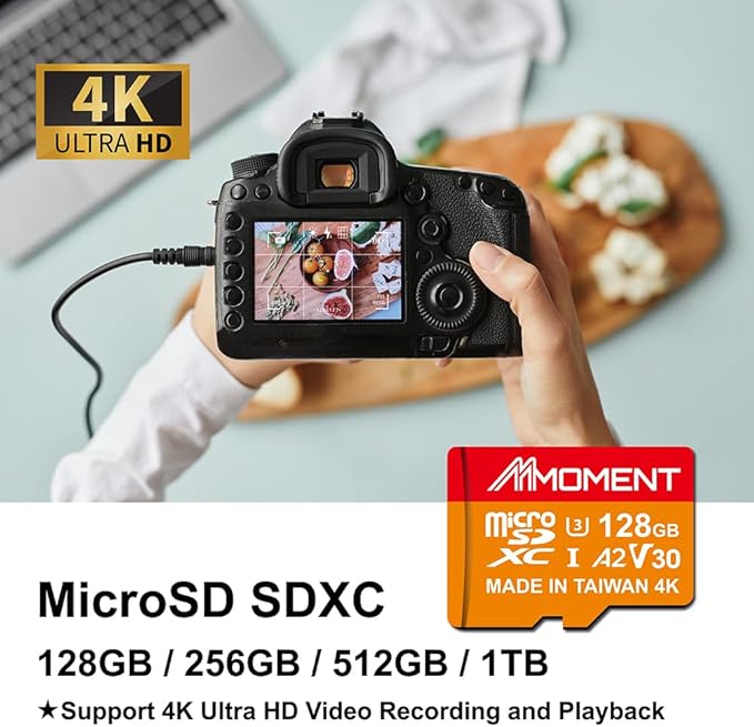 MMOMENT 128GB Micro SDXC Card MM23, A2, UHS-I, U3, V30, Class 10 Compatible, Read Speed Up to 160 MB/s, Write Speed Up to 100 MB/s, SD Adapter Included