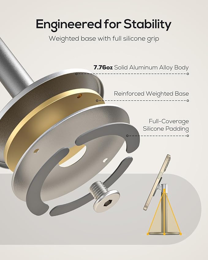 Nulaxy Magnetic Full Aluminum Cell Phone Stand with Metal Ring, 360 Rotating Phone Stand for Desk, Office Accessories Adjustable Phone Holder Compatible with All Phones MagSafe Case, Gray