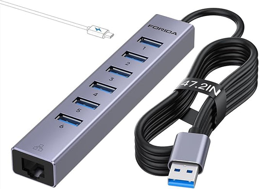 7 Port USB Hub USB Ethernet HUB with 3.9ft Long Cable for Laptop, USB Splitter with Gigabit Network Port and 5V/3A Power Port, Aluminum MultiPort Expander for Laptop, iMac, PC, Flash Drives