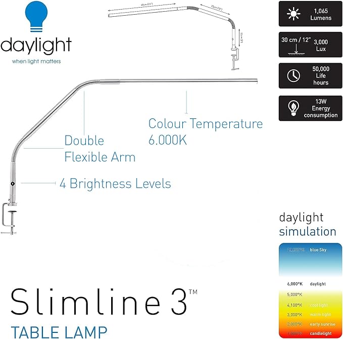 Daylight Company, LLC U35108 Slimline 3 Table Lamp-LED-80 CRI-Eye Care-4 Brightness Levels, 3,000 LUX at 30 cm, 1,065 LUMENS-4 Step DIMMER Mode, Brushed Steel, 25.6 x 30 x .8