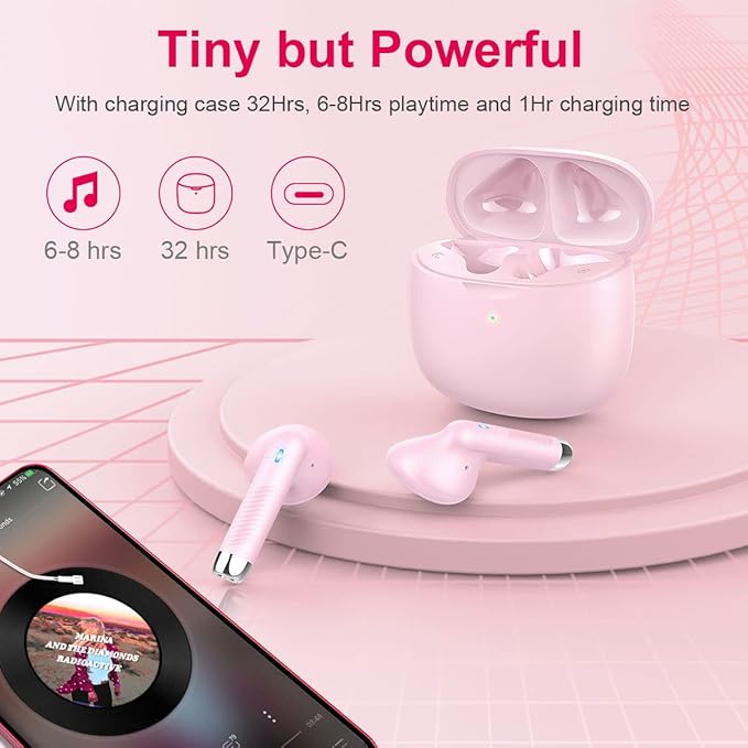 Wireless Earbuds, Bluetooth 5.4 Headphones in Ear with Noise Cancelling Mic, Bluetooth Earbuds Stereo Bass, IP7 Waterproof Sports Earphones, 32H Playtime USB C Charging Ear Buds Pink for Android iOS