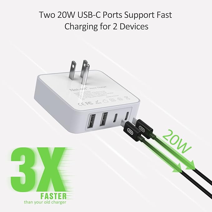 Nekmit USB C Charger, 52W 4-Port Thin Flat Fast Wall Charger Type-C Charging Station with Two 20W PD 3.0 and 2 USB Ports for iPhone 14/14 Pro/14 Pro Max, iPad Pro, AirPods, Galaxy, Android and More