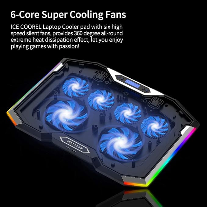 ICE COOREL Gaming Laptop Cooling Pad 15-17.3 Inch, Laptop Fan with 6 RGB Cooling Fans, Laptop Cooling Stand with 6 Height Adjustable, Laptop Cooler with LCD Screen, 2 USB Ports, Phone Stand