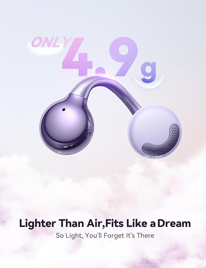 JOYROOM OE3 Clip-On Earbuds, Wireless Open Ear Earbuds Headphones, Auto L-R Recognition, Omni Tap Control, Immersive Sound, Ultra-Light 4.9g Fit,Comfortable ear buds for Workouts and Daily Use, Purple