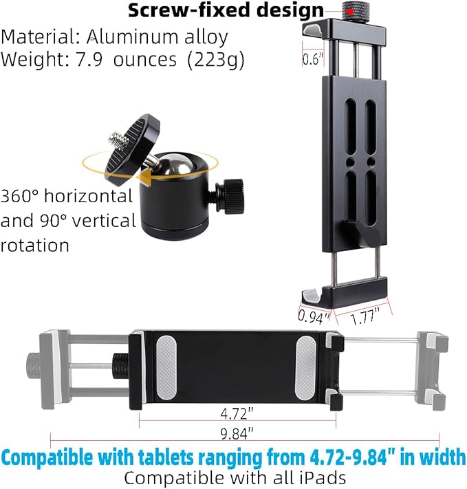 Aluminum Tripod Mount Adapter for iPad, 360 Rotatable Tablet Holder Compatible with iPad Pro/Air/Mini, Samsung Tab and Other 4.7" -15" Tablets