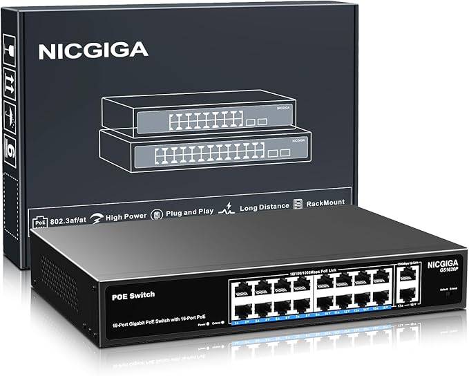 NICGIGA 18 Port PoE+@250W Switch - 16 Ports, 2 Gigabit Uplink, VLAN Mode, RackMount, Plug and Play