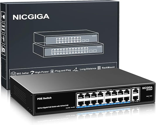 NICGIGA 18 Port PoE+@250W Switch - 16 Ports, 2 Gigabit Uplink, VLAN Mode, RackMount, Plug and Play