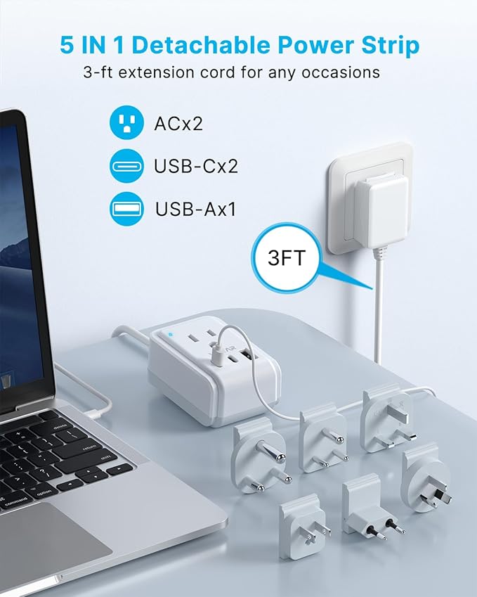 VINTAR Universal Travel Adapter Kit, 3ft Detachable Extension Cord with 2 AC Outlets & 3 USB(2 USB C), Type A/C/G/D/I/M International Power Adaptor for US to Europe UK India South Africa Japan