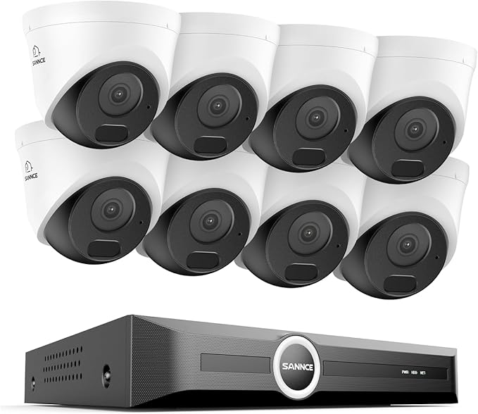 SANNCE 5MP PoE Security System, 8CH 6MP Surveillance NVR with 8PCS 5MP HD Weatherproof Dome Cameras with H.265 Video Compression, Smart IR LED, APP Push Alert, Remote Access (NO HDD)