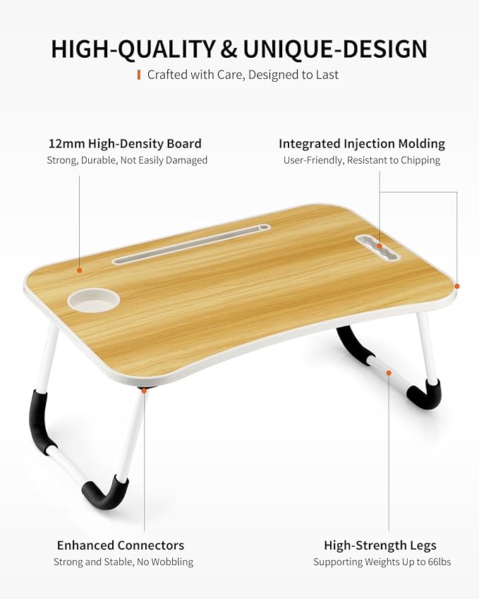 Foldable Laptop Table, Portable Lap Desk Bed Table Tray, Laptop Stand with Cup Holder & Tablet Slot & Lifting Handle for Working Writing Drawing & Eating (Wood)