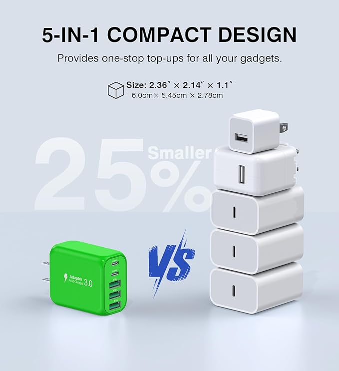 50W USB C Wall Charger Block,5-Port C Charger Fast Charging Block PD Power Adapter +QC 3.0 Multiport Type C Box Charger Cube USB A Wall Plug for iPhone 14/15/16/17 Pro Max Plus,Samsung(Green)(2-Pack)