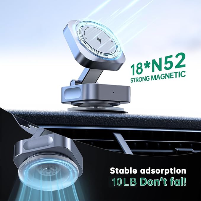 Vacuum Magnetic Suction Phone Holder, 15W Wireless Charger Foldable Suction Cup Stand for iPhone 17 16 15 14 13 12 Series, Portable Phone Mount Use in Car/Mirror/Glass/Screen/Smooth Surface