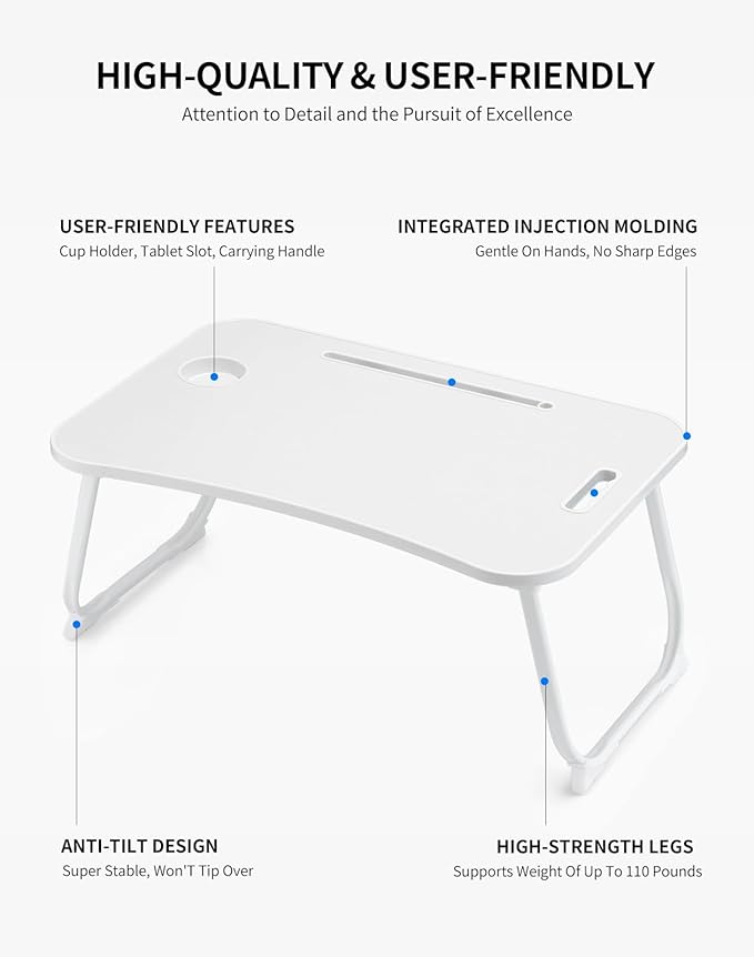Laptop Bed Desk, Foldable Lap Table, Portable Study Table, Laptop Stand with Cup Holder & Tablet Slot & Lifting Handle for Working Writing Drawing & Eating - White