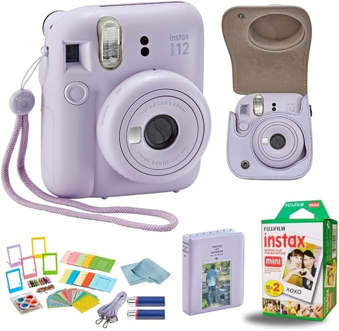Fujifilm Instant Mini 12 Instant Camera + BluebirdSales Accessory Bundle & Custom Case + Fuji (20 Shots) Film + 5 Color Lens Filters + Mini Frames Designer Mini Photo Album (60 Pockets) (Lilac Purple)
