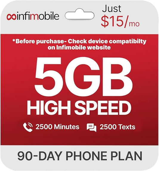 $15/Month | Infimobile Prepaid Plan: 3 Months | 5GB High-Speed Data Per Month | 2500 Minutes and 2500 Text| Prepaid Plan Service SIM Card | Nationwide Coverage | 4G, 5G T-Network