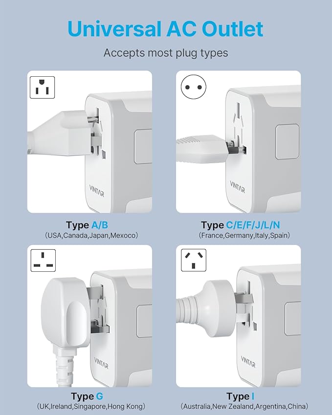Universal Travel Adapter, VINTAR International Power Adapter with 6A 3 USB C and 2 USB Ports, All in One Travel Essentials Plug Adapter, Worldwide Outlet Converter for Europe UK AUS USA(Type A/C/G/I)