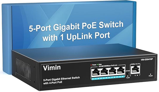 4 Port Gigabit PoE Switch with 1 Uplink Gigabit Ports, VIMIN 5 Port Unmanaged Ethernet PoE Switch with 72W Power, Support IEEE802.3af/at, VLAN, Metal Housing, Desktop or Wall-Mount, Plug & Play