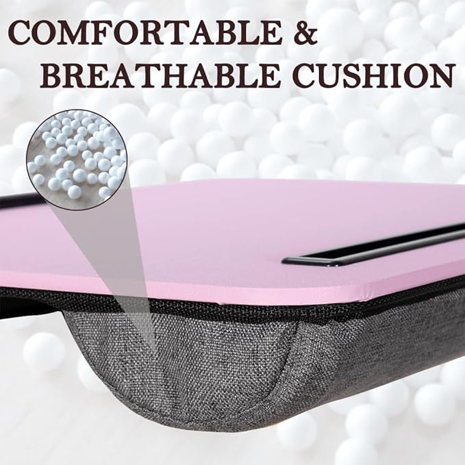 Portable Laptop Desk Fits Up to 16“ Laptops, with Tablet Slot, Built-in Cushion,Great for Home & Office,Lap Desk with Cushion (Pink, Medium)