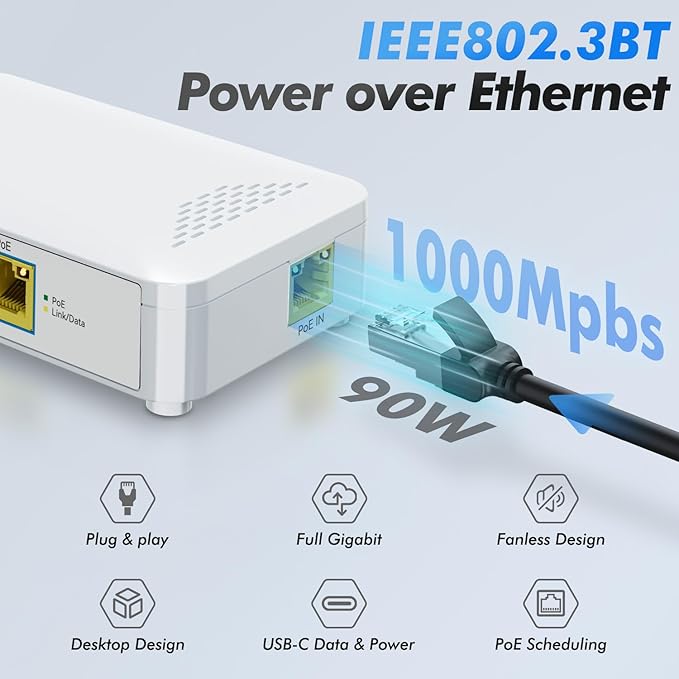 PoE to USB C Switch 60W 802.3af/at Compliant, 1 USB-C Port ( 30W PD Charging & Gigabit Ethernet) & 1 PoE+ Port & 1 Ethernet Port, for Smartphones/Sablets/Laptops/Camera/Access Point, PoE Powered