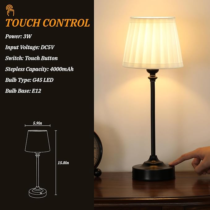 Cordless Table Lamps Rechargeable Set - 2 Pack Black 4000mAH Battery Operated Lamps for Decor, 3000K Stepless Dimming Touch Control Wireless Lamps for Bedroom, Dining Table, Living Room, White Shade